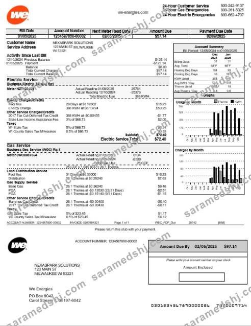 USA Wisconsin We Energies electricity business utility bill template in Word and PDF formats
